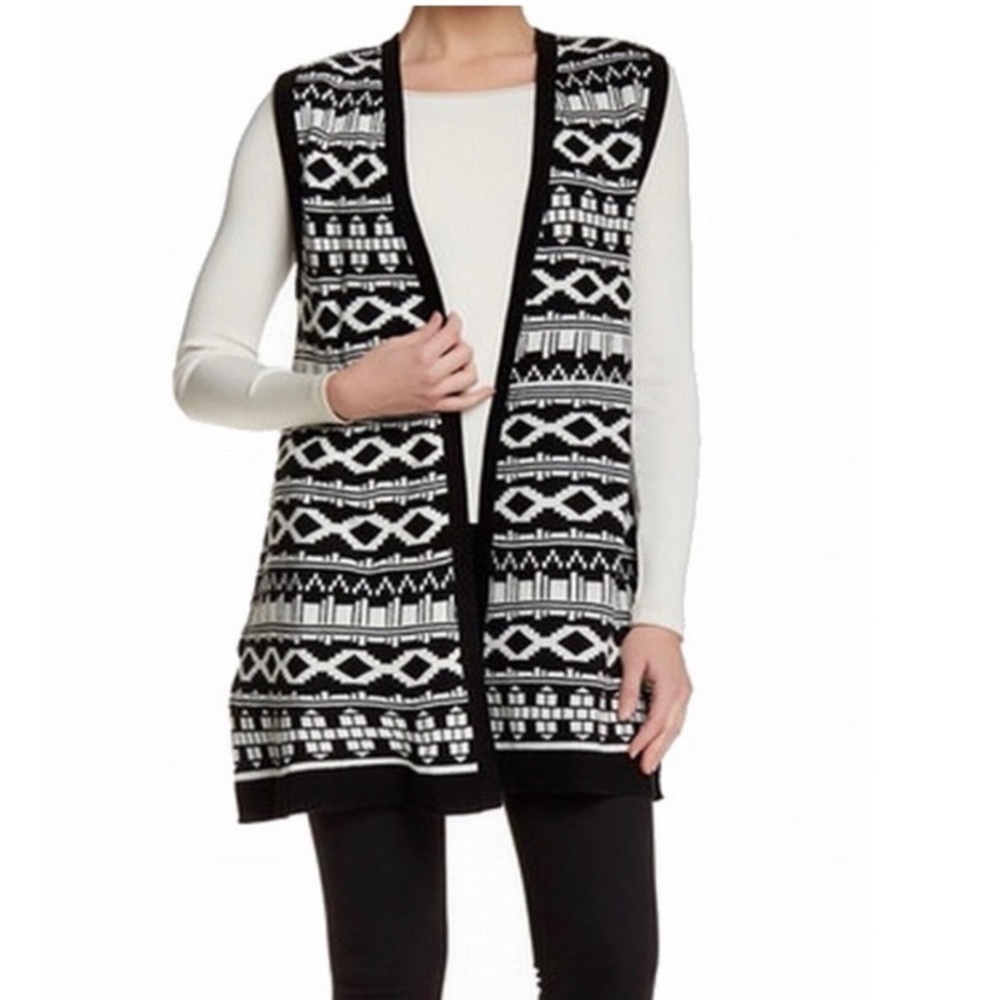 SUSINA Black White Knit Open Cardigan Sweater Vest S